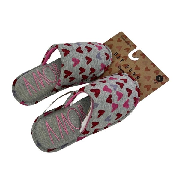 Rae Dunn Women's Slippers Gray Heart Print Amor Small 5/6 & Medium 7/8 New - Picture 6 of 7